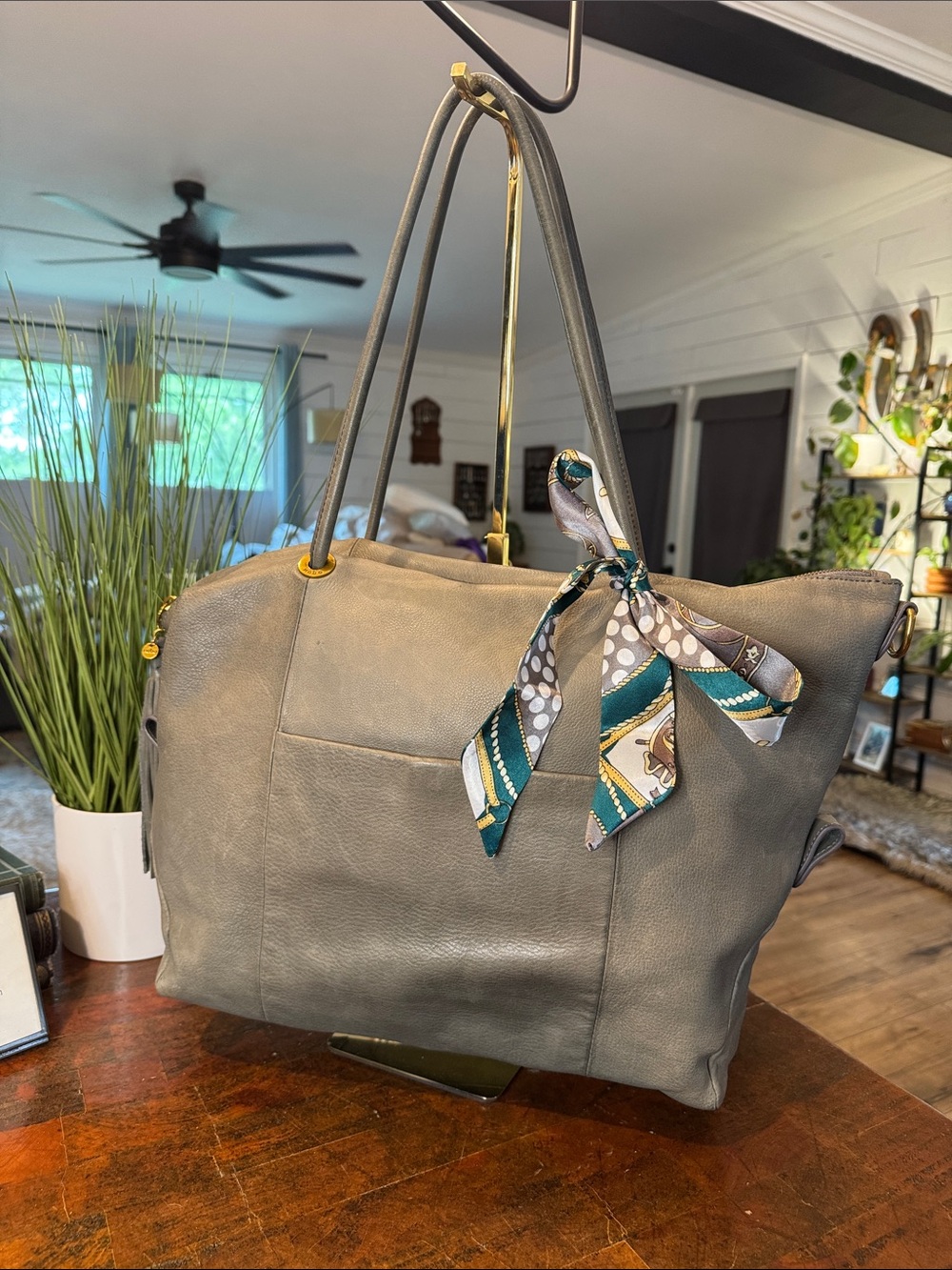 HOBO Slate Gray Leather Tote with Tassel Accent (CLSH)